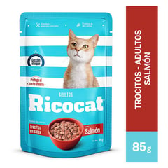 RICOCAT - Trocitos en salsa con salmón para gatos adultos de 85 g