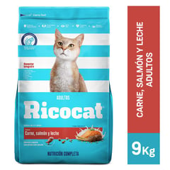 RICOCAT - Comida para gatos adultos sabor carne salmón y leche de 9 kg