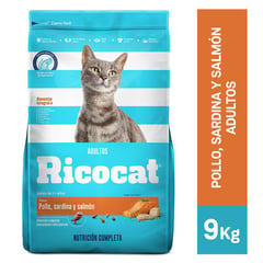 RICOCAT - Comida para gatos adultos sabor pollo sardina y salmón de 9 kg